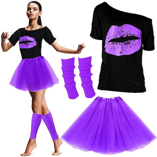 80er-Jahre-Outfits, Kostüme für Damen, 1980er-Jahre-Accessoires, Beinstulpen, T-Shirt mit Lippendruck, Tutu, Halloween-Party, Karneval Schlager Outfit