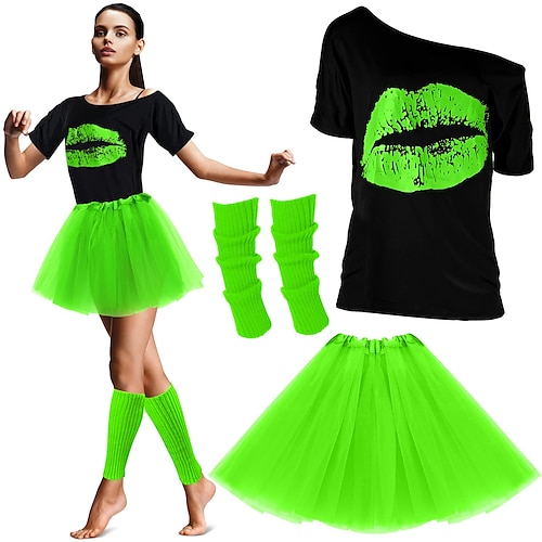 80er-Jahre-Outfits, Kostüme für Damen, 1980er-Jahre-Accessoires, Beinstulpen, T-Shirt mit Lippendruck, Tutu, Halloween-Party, Karneval Schlager Outfit