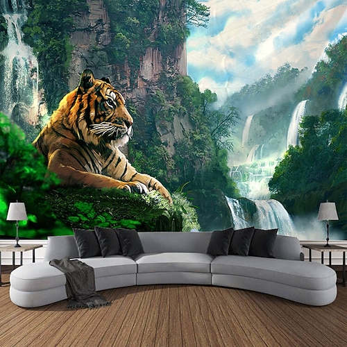 Wandteppich Wald Tierwelt Tiger hängende Tapisserie Wandkunst große Tapisserie Wandbild Dekor Foto Hintergrund Decke Vorhang Zuhause Schlafzimmer Wohnzimmer Dekoration Image