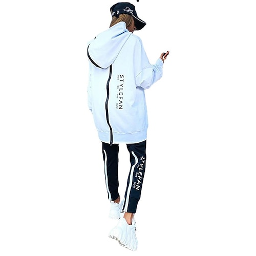 Damen Trainingsanzug Jogginganzug Patchwork 2 teilig Buchstabe Outfit-Set Kombination Frühling Herbst Winter Schwarz Weiss schwarz Gehen Joggen Laufen Thermowarm Winddicht Atmungsaktiv Normal Image