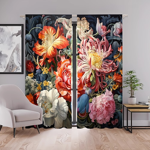 2 Bahnen Vorhänge für Wohnzimmer Schlafzimmer, Blumen Vorhang Vorhänge für Schlafzimmertür Küchenfenster Behandlungen wärmeisolierte Raumverdunkelung Image