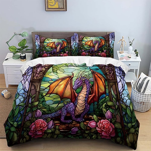 2-teiliges/3-teiliges Retro-Retro-Bettwäsche-Set mit abstraktem Feuer-Drachen-Muster, Bettbezug, leicht und weich, geeignet für Erwachsene und Kinder, großes Bett, kleines Bett-Set Image