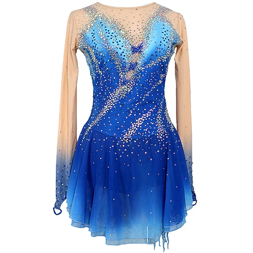 Eiskunstlaufkleid Damen Mädchen Eislaufen Kleid Outfits BlauHellblau Patchwork Asymmetrischer Saum Spandex Netzstoff Hohe Elastizität Wettbewerb Eiskunstlaufkleidung Kristall / Strass Langarm Image