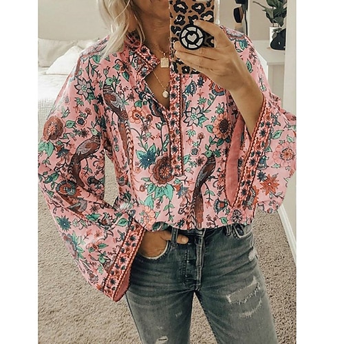 Damen Hemd Bluse Gelb Rosa Pudriges Rosa Graphic Blumen Taste Bedruckt Langarm Täglich Festtage Vintage Boho Strassenmode Rundhalsausschnitt Standard Boho S Image
