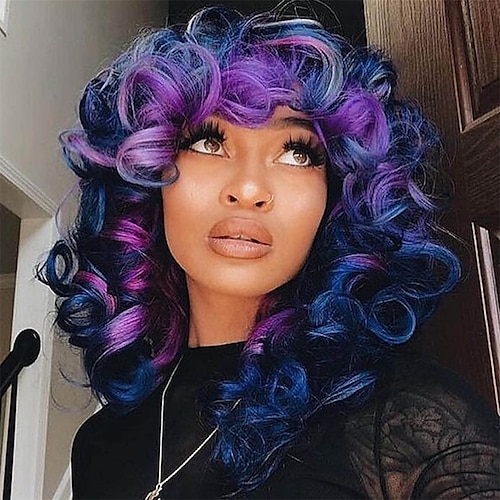 Synthetische Perücken Locken Mit Pony Maschinell gefertigt Perücke Blond Rosa Schatten Kurz A1 A4 A5 A6 A8 Synthetische Haare Damen Weich Modisch Einfach zu tragen Blond Rosa Lila Image