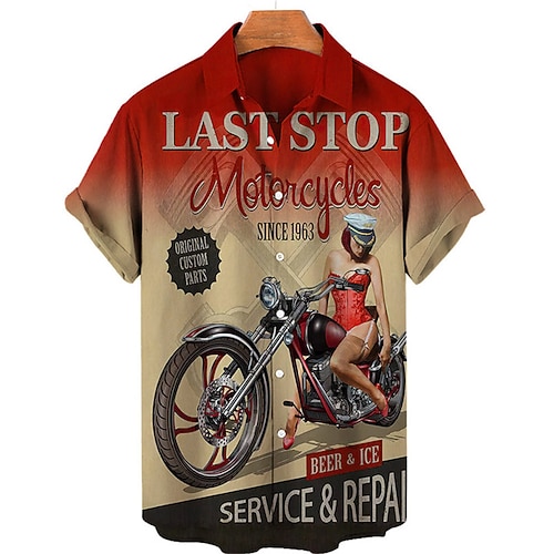 Herren Buchstabe Motorräder Pin-up-Girl Hemd Hawaiihemd Sommerhemd Aloha-Shirt Kurze Ärmel Hemd Umlegekragen Vintage Tropisch Modisch Strasse Casual Hawaiianisch Hellgelb Schwarz Gelb S M L Image