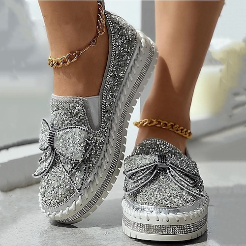 Glitzernde Slip-On-Sneaker für Damen mit Strasssteinen – Plateau-Loafer mit Glitzerschleife für Party-, Freizeit- und Streetwear-Mode Image