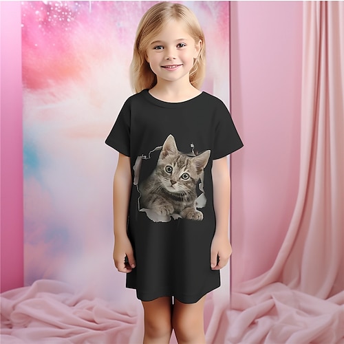 Mädchen 3D Katze Pyjamas Nachthemd Kurzarm 3D-Druck Sommer Aktiv Modisch Kuschelig kinderkleidung 3-12 Jahre Rundhalsausschnitt Heim Normal Innen Regular Fit Image