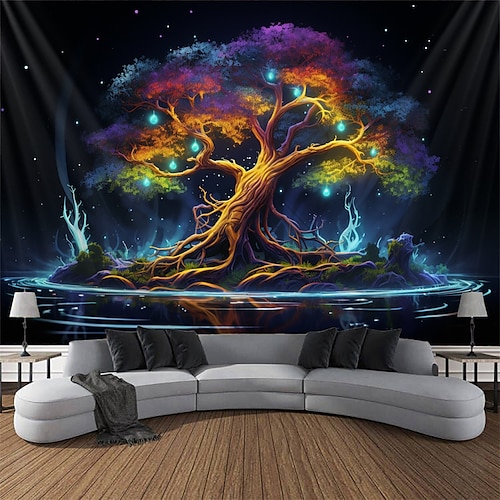 Schwarzlicht Wandteppich UV reaktiv im Dunkeln leuchtend Party Neon Bonsai Natur psychedelisch trippig neblig hängender Wandteppich Wandbild fürs Wohnen Image
