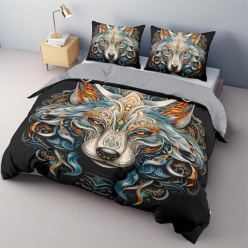 Bettbezug mit 3D-Wolf-Print, Bettwäsche-Sets, Bettbezug mit 1 Bettbezug oder Bettdecke, 1 Blatt, 2 Kissenbezügen für Doppelbett/Königin/König (1 Kissenbezug für Zwilling/Einzelbett). Image