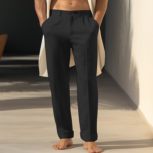 40 % Leinen Herren Leinenhose Hose Hosen Sommerhosen Tasche Gerade geschnitten Glatt Atmungsaktiv Komfortabel Büro / Geschäftlich Täglich Urlaub Klassisch Brautkleider schlicht Schwarz Weiß Image