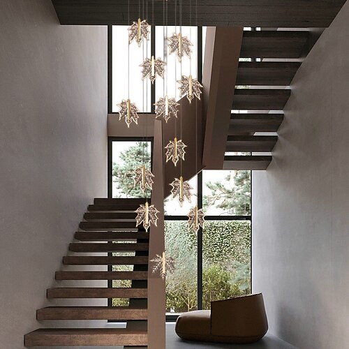 Kronleuchter, LED-Kristall, Ahornblatt-Design, 4/5/6/12-Licht, dimmbare Unterputzleuchten, Wendeltreppe, langer Kronleuchter, Villa-Treppenlicht, Duplex-Kronleuchter, 110–240 V Image