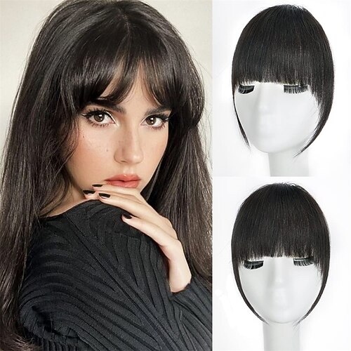 Pony Haarclip in Pony für Frauen 100% menschliches Haar dünner Pony Fransen mit Schläfen Haarteile Clip-on-Air-Pony flache ordentliche Pony-Haarverlängerung für den täglichen Gebrauch Image