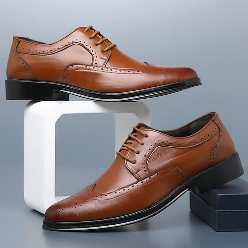 Braune Brogue-Abendschuhe aus Kunstleder für Herren – klassisches Oxford-Design mit Flügelkappe für Business, formelle Anlässe und das Büro Image