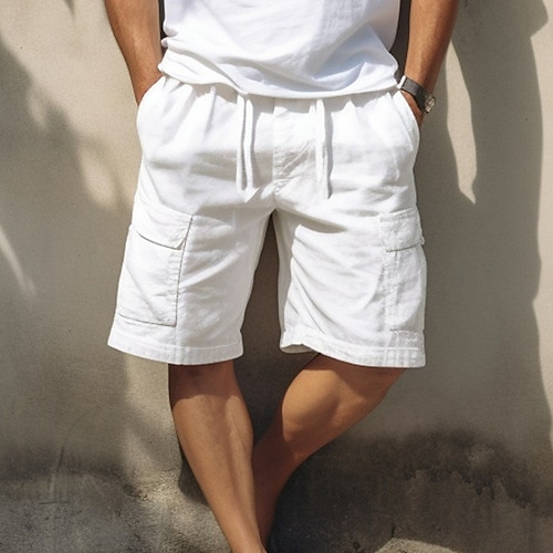Herren Cargo-Shorts Shorts Leinenshorts Sommershorts Kordelzug Elastischer Bund Mehrere Taschen Einfach Komfort Atmungsaktiv Kurz Lässig Täglich Ferien Mode Klassicher Stil Schwarz Weiß Image