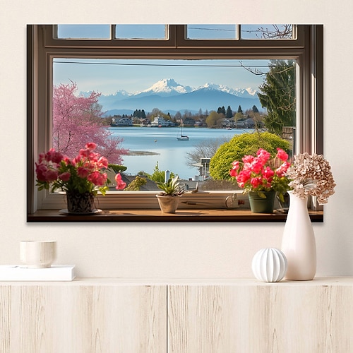 Landschafts-Wandkunst-Leinwand, falsches Fenster, Frühlingslandschaft, Drucke und Poster, Bilder, dekorative Stoffmalerei für Wohnzimmer, Bilder ohne Rahmen Image