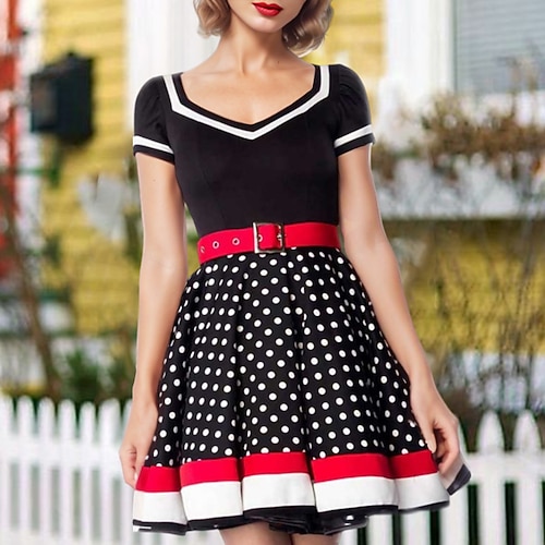 Große Größen Polka Dots Kleider Retro Vintage 1950er Jahre Grease Outfits Cocktailkleid Vintage Kleid Herbst Frühling Sommer Weihnachten Schwingkleid Damen Erwachsenen Kostüm Vintage Cosplay Image