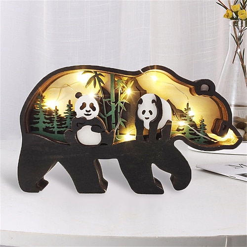 Tierornamente aus Holz LED-Licht 3D-Hohlschnitzerei Home Room Decor Figuren Handwerk Büro Schreibtisch Schlafzimmer Dekoration Zubehör Image