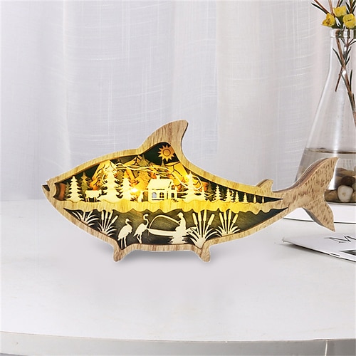 Tierornamente aus Holz LED-Licht 3D-Hohlschnitzerei Home Room Decor Figuren Handwerk Büro Schreibtisch Schlafzimmer Dekoration Zubehör Image