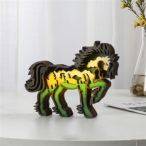 Tierornamente aus Holz LED-Licht 3D-Hohlschnitzerei Home Room Decor Figuren Handwerk Büro Schreibtisch Schlafzimmer Dekoration Zubehör Image