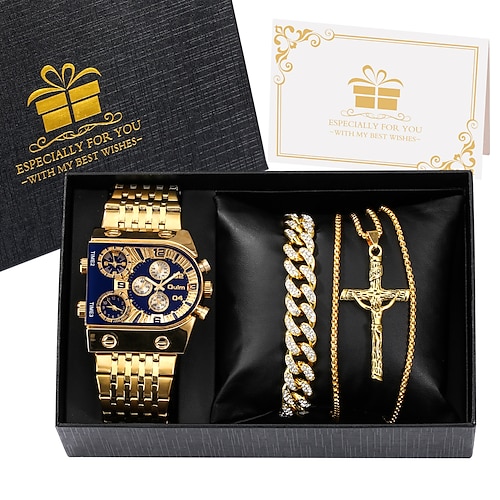 Herren Quarz Uhr Set Geschäfts Herren Armbanduhr Geschenkset Luxus Gold Kette Armband Edelstahlband Quadrat Ziffernblatt Valentinstagsgeschenk