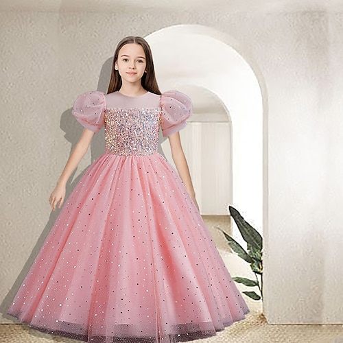 kinderkleidung Mädchen Blumenmädchen Kleid Party Kleid Feste Farbe Blume Kurzarm Leistung Hochzeit Party Pailletten Elegant Prinzessin Polyester Maxi Rosa Prinzessinnenkleid Tüll-Kleid Sommer Frühling Image