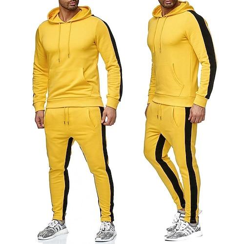 Herren Trainingsanzug Jogginganzug Sportbekleidungsset Hoodie Sweatshirt Kapuze Jogginganzüge Schwarz Weiß Gelb Rote Dunkelgray Mit Kapuze Feste Farbe Streifen Sport Natur Ausgehen Sportbekleidung
