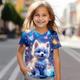 3D-Hunde-T-Shirts für Mädchen, kurzärmelig, 3D-Druck, Sommer, aktiv, modisch, niedlich, Polyester, Kinder 3–12 Jahre, Rundhalsausschnitt, Outdoor, lässig, täglich, normale Passform