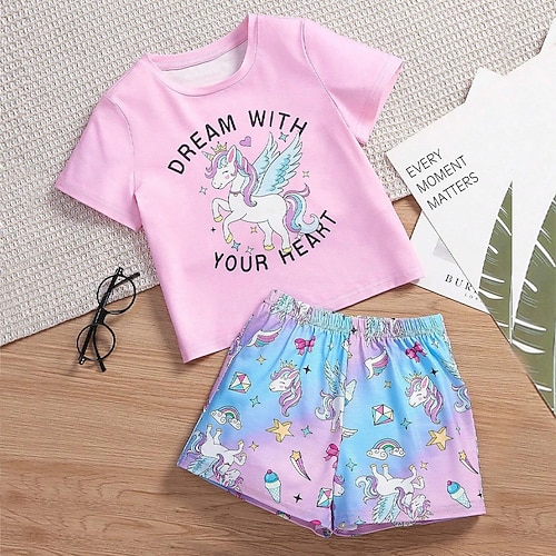 3D-Einhorn-T-Shirt für Mädchen Shorts-Pyjama-Set, rosa, kurzärmelig, 3D-Druck, Sommer, aktiv, modisch, niedlich, Polyester, für Kinder von 3–12 Jahren, Rundhalsausschnitt, für Zuhause, Freizeit, Image