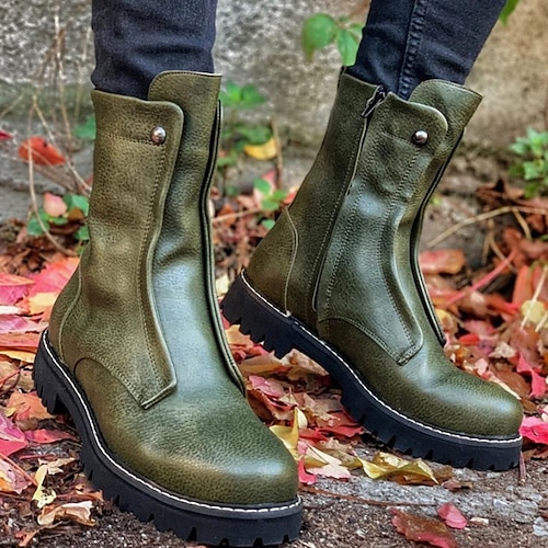 schwarze Damenstiefel aus Kunstleder mit halbhoher Sohle, Reißverschluss vorne und Profilsohle – stylische und strapazierfähige Motorradstiefel für den Außenbereich Image