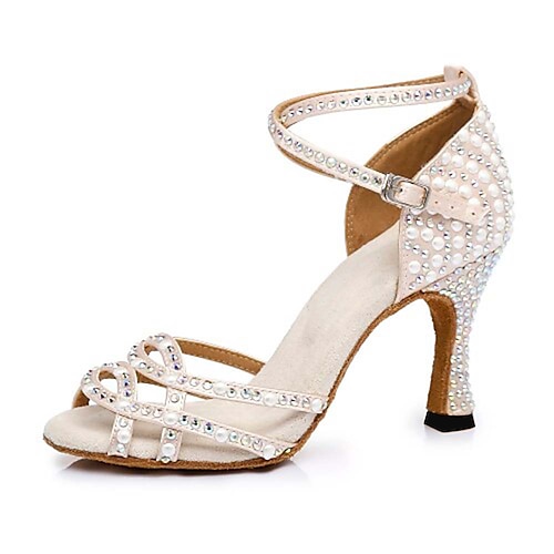 Damen-Latein-Tanzschuhe mit Strasssteinen – elegante Riemchen-Ballsaal-Sandalen mit hohem Absatz und Knöchelriemen, Wildledersohle für Auftritte und Wettkämpfe Image