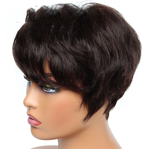 Echthaar Perücke Kurz Natürlich gewellt Mit Pony Schwarz Burgund Dunkelbraun Weich Party Damen Kappenlos Brasilianisches Haar Damen Natürlich Schwarz Schwarzgrau Mittelbraun 15 CM Party / Abend Image