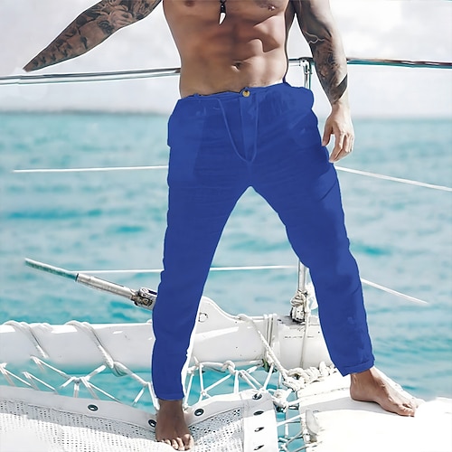 Herren Leinenhose Hose Hosen Sommerhosen Strandhose Vordertasche Gerade geschnitten Glatt Komfort Atmungsaktiv Casual Täglich Festtage Modisch Basic Schwarz Weiß Image