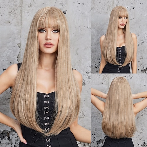 Ombre-blonde, lange, glatte Perücke mit Pony, dunkle Wurzeln, langes Haar mit Pony, natürliches Aussehen, hitzebeständige synthetische Perücke, tägliche Spielparty, geeignet für modische Frauen, 50,8 Image