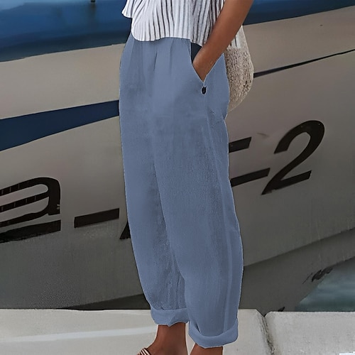 Damen Übergröße Shorts aus Baumwollleinen Leinen-inspirierte Hosen Gefütterte Shorts Sommerhose Einfach Lässig Komfort Lang Natürliche Taille Einfarbig Mikroelastisch Heim Straße Blau Weiß Grün Khaki Image