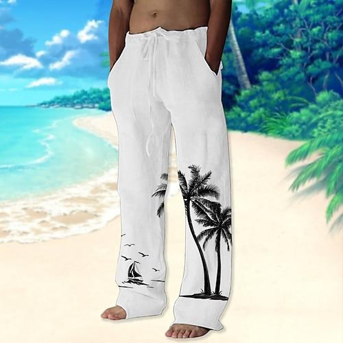 Herren Hose Hosen Sommerhosen Strandhose Kordelzug Elastische Taille Gerade geschnitten Kokosnussbaum Grafik-Drucke Komfort Casual Täglich Festtage Strassenmode Hawaiianisch Weiß Braun