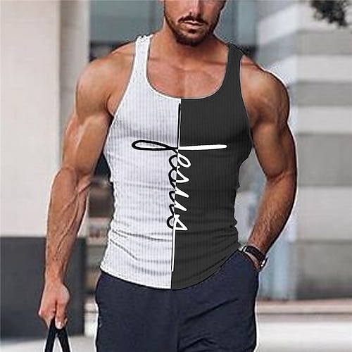 Herrenbibel Grafik Farbblock Glaube Tanktop ärmellos T-Shirt für Männer ärmelloses T-Shirt 3D Druck Rundhals T-Shirt Designer Muskel T-Shirt Fitness T-Shirt Schwarz und Weiß