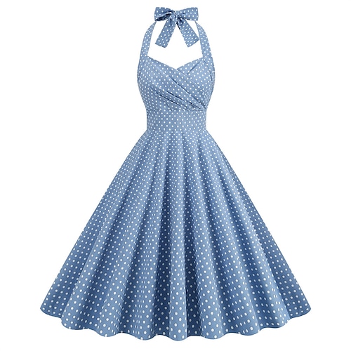 Retro Vintage 1950er Hepburn A-Linie Kleid Swing-Kleid Halter Tupfen Kostüm Damen Maskerade Alltagstauglich Junggesellinnenabschiedsparty Erwachsene Kleid Abschlussballkleider Frühling Sommer Image