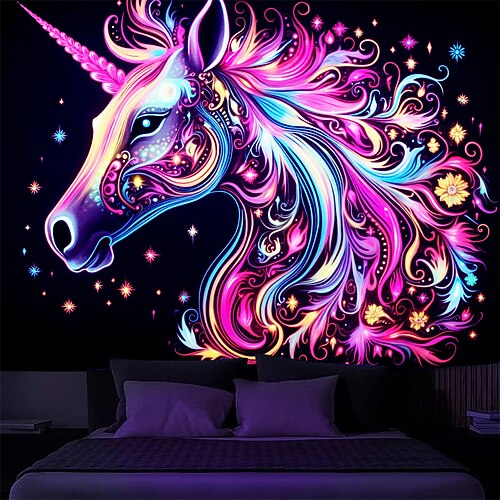 Schwarzlicht Wandteppich UV reaktiv im Dunkeln leuchtend Party Neon Einhorn Tier psychedelisch trippig neblig hängender Wandteppich Wandbild für Wohnzimmer Schlafzimmer Image