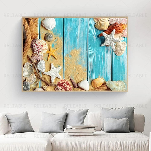 Strand Meereslandschaft Wandkunst Leinwand Malerei Muschel Meer Wandkunst Seesterne Muscheln Wandbilder Poster für Wohnzimmer Schlafzimmer Büro Dekor kein Rahmen Image