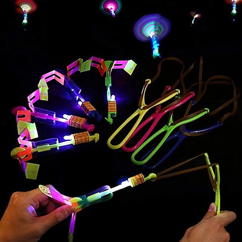 10 Stück erstaunliche LED-Lichtpfeile, Raketenhubschrauber, fliegendes Spielzeug, Partyspaß, Geschenk, elastische Schleuder, fliegende Hubschrauber, Geburtstage, Outdoor-Spiel für Kinder, als