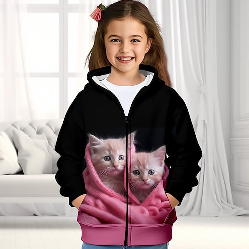 Mädchen 3D Katze Kapuzenshirt Mantel Oberbekleidung Langarm 3D-Druck Herbst Winter Aktiv Modisch Kuschelig kinderkleidung 3-12 Jahre Outdoor Casual Täglich Regular Fit Image