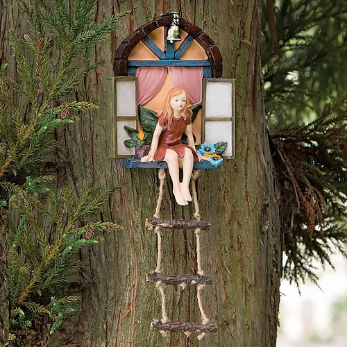 Fee Haus Baum hängende Figur Fenster sitzend Fee Leiter Harz Handwerk Statue Outdoor Ornament für Hausgarten Hof Kunst Dekor Image
