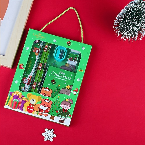 6 teile/satz weihnachts tragbare schreibwaren geschenk box set enthalten 2 bleistifte 1 bleistift spitzer 1 radiergummi 1 lineal 1 haftnotiz papier für grundschüler kinder lernen geschenk auszeichnung Image