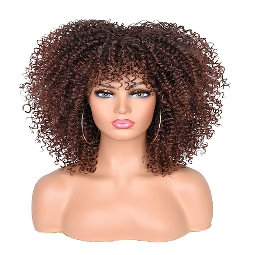 10-Zoll-kurze lockige Afro-Perücken für schwarze Frauen Bomben-Afro-Perücke mit Pony, volle Perücke aus synthetischen Fasern Image