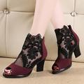 Damen Stiefel Sandalen Stiefel Sommerstiefel Party Täglich Blumen Stiefeletten Stiefeletten Sommer Spitze Blockabsatz Offene Spitze Elegant Vintage Geschäftlich PU Reißverschluss Schwarz Burgund