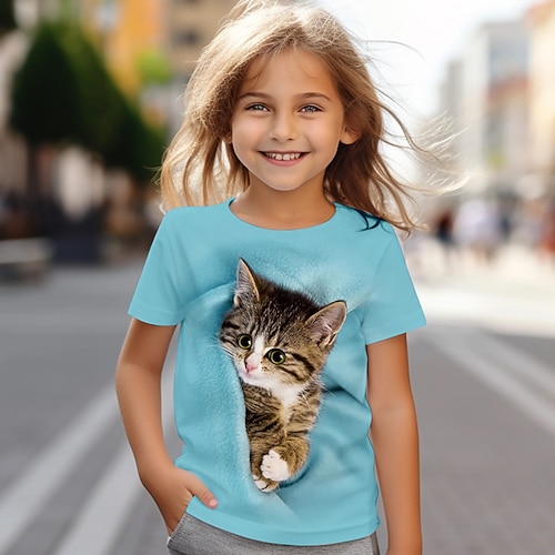 Mädchen 3D Katze T-Shirt Hemden Kurzarm 3D-Druck Sommer Aktiv Modisch Kuschelig kinderkleidung 3-12 Jahre Rundhalsausschnitt Outdoor Casual Täglich Regular Fit Image