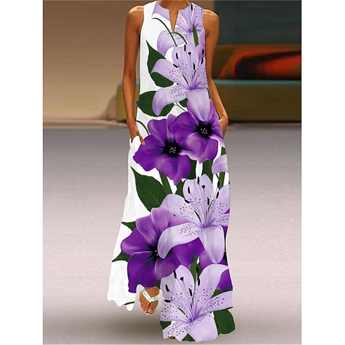 Damen Maxikleid Midikleid Freizeitkleid T-Shirt-Kleid Druckkleid Streetwear Lässig Outdoor Urlaub Ausgehen Normale Passform Blumen Pfau Fisch Ärmellos V Ausschnitt Gelb Königliches Blau Blau Purpur Image