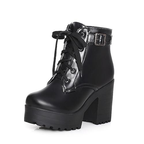 Damen Stiefel Block Fersenstiefel Schnürstiefel Stiefeletten Stiefeletten Plattform Schwarz Weiß