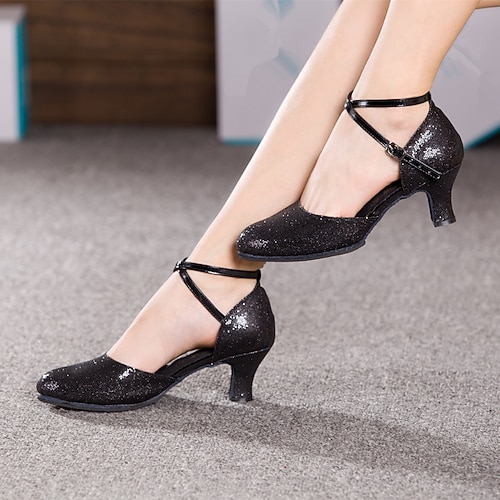 Damen Ballsaal-Tanzschuhe Schuhe für modern Dance Salsa Schuhe Innen Walzer Foxtrott Weichere Einlegesohle Glitzer T-Schliesse Silber Schwarz